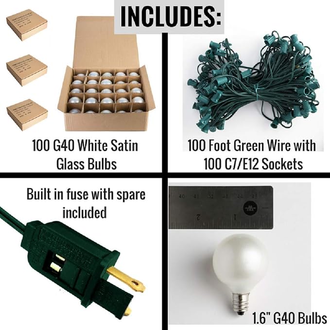 G40 White Pearl Outdoor Patio Globe String Lights (100 Foot - Green Wire) | G40 Frosted White Pearl 1.6" Bulbs