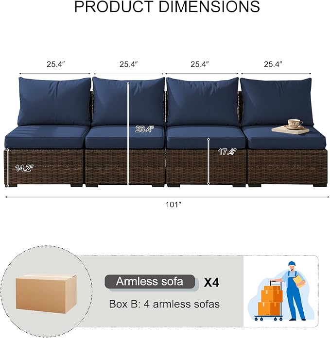 4 Pieces Patio Furniture Set, Outdoor PE Rattan Sectional Sofa with Soft Cushions for Backyard, Porch, and Poolside (Blue, 4 PCS)