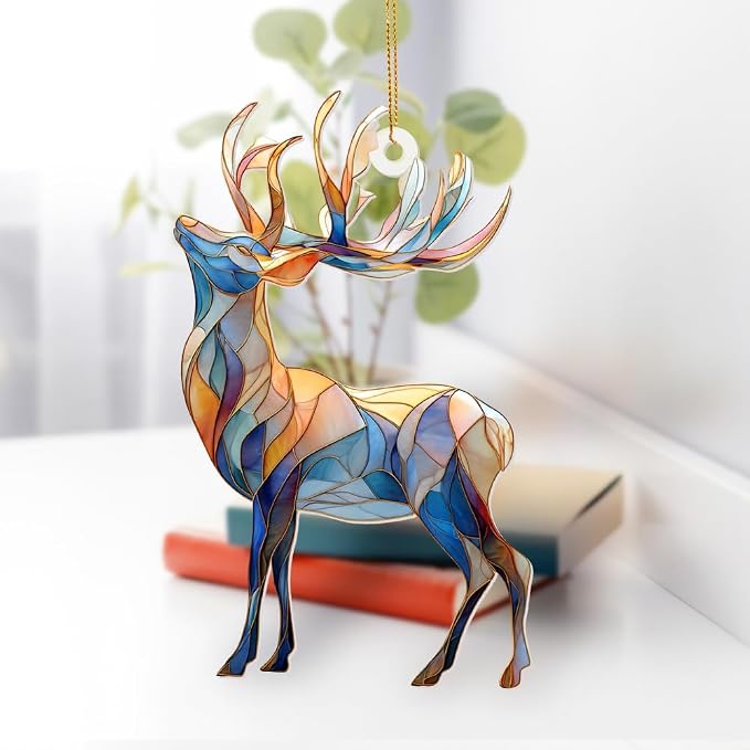 Stained Glass Deer Christmas Ornament 2025 – Reindeer Tree Decoration, Acrylic Suncatcher Window Hanging, Holiday Home Décor & Gift for Wildlife Lovers(Sun-06)
