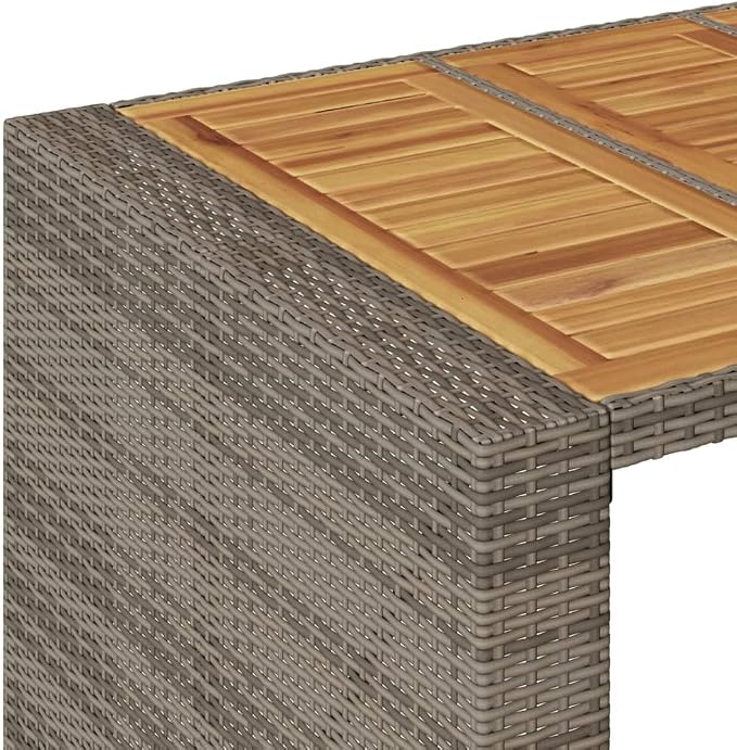 72.8 Inch Outdoor Bar Table Grey Rectangular Synthetic Rattan with Acacia Wood Top for Patio Garden Terrace Cocktail and Dining Furniture