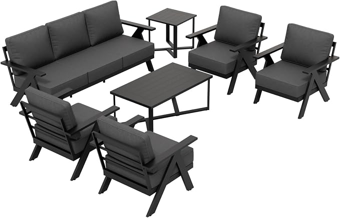 COOS BAY Iron Luxe 7 Piece Outdoor Patio Furniture Set, Modern Patio Conversation Set with 4 Patio Chairs, a 3 Seat Couch, Coffee Table & Side Table for Deck, Garden, Porch, Black/Gray