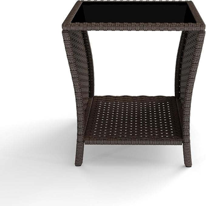 Kinsuite PE Rattan Patio Side Table - Outdoor Wicker End Table with Black Glass Top, Rattan Coffe Table in Iron Frame for Backyard Balcony Poolside, Dark Brown