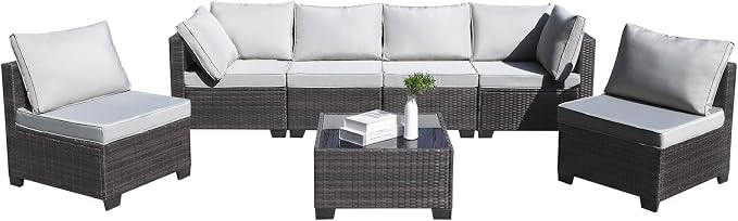 CANMOV 7 Pieces Patio Furniture Sets, All Weather Outdoor Patio Conversation Set, PE Wicker Rattan Sectional Sofa Couch Glass Coffee Table Washable Cushions for Backyard Garden, Poolside, Light Grey