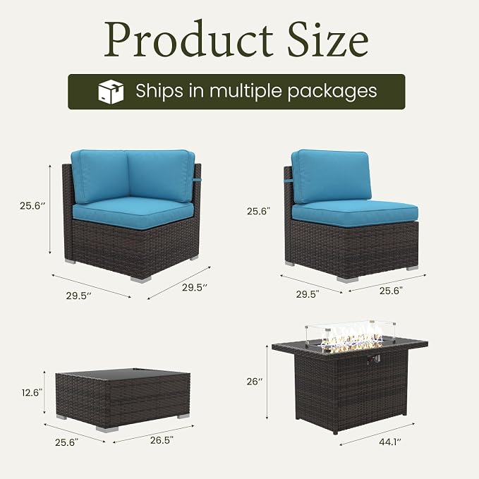 LayinSun 8 Pieces Outdoor Patio Furniture Set with 44" Fire Pit Table Rattan Sectional Sofa Conversation Sets