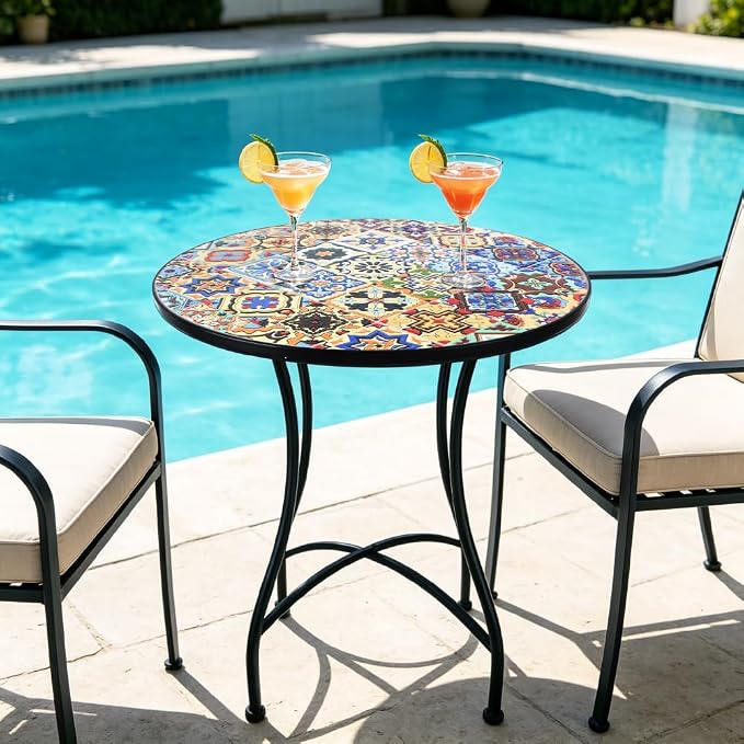24 Inch Mosaic Patio Round Side Table with X-Curved Legs Indoor and Outdoor Accent End Table for Yard, Garden, Living Room, Bistro, B - Multicolor Talavera