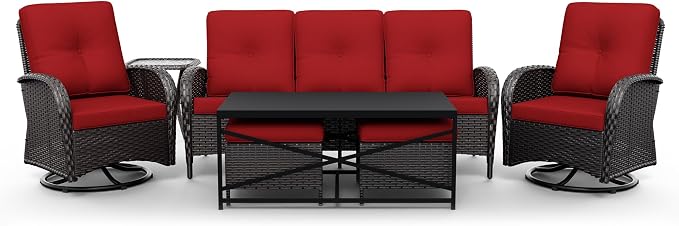 Joyside Wicker Patio Furniture Set, 7 Piece Outdoor Furniture Set with Thickened Cushions, High Back, Deep Seating, Wide Armrest, Outdoor Swivel Rocker Chairs for Porch, Deck