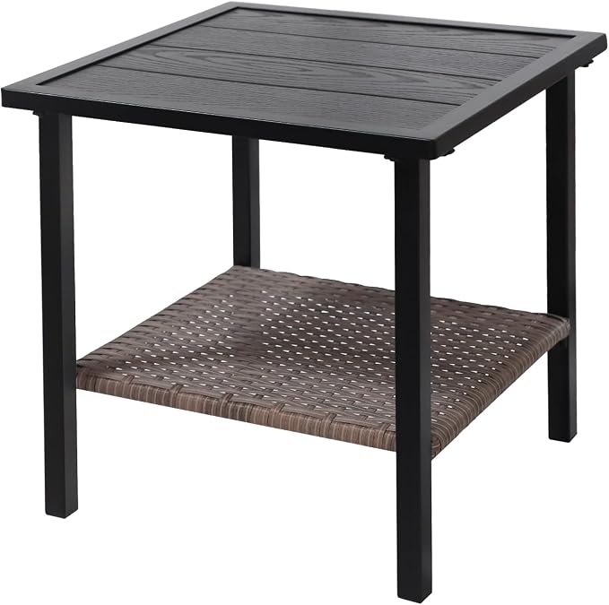 COOS BAY Sunset Haven Outdoor Patio Side Table, Square Outdoor Coffee Table with Double-Tier Storage, Wicker Patio End Table, 18.1"x18.1"x18.5", Brown