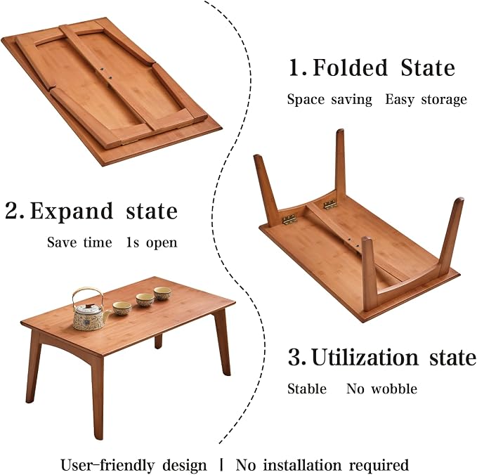 JIKUGO Bamboo Folding Coffee Table No Assembly Required Japanese Floor Table for Bedroom Living Room, Walnut, 26 x 15.8 x 11.8 Inches