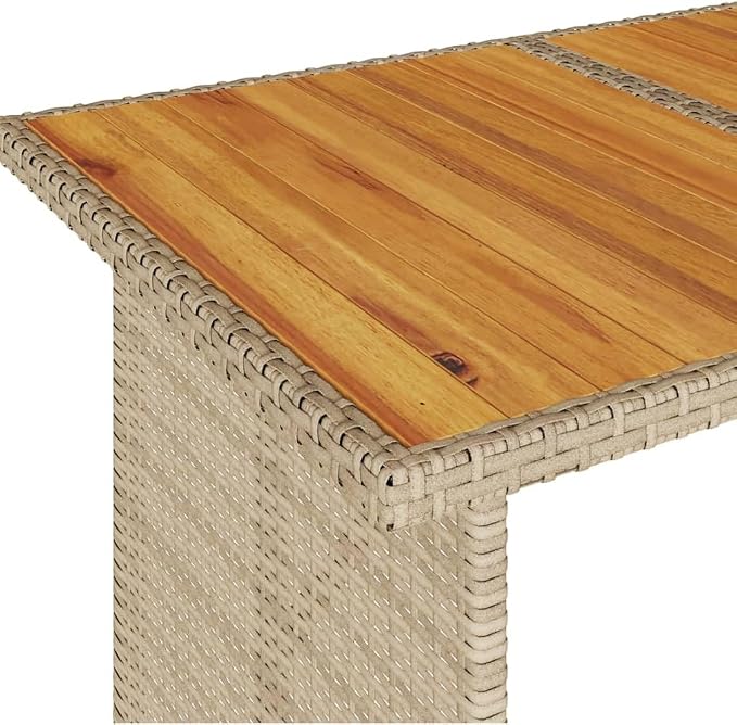 Modern Outdoor Dining Table with Beige PE Rattan Top and Solid Acacia Wood Frame on Powder Coated Steel Base for Patio Garden, 43.3 Inch Long 26.8 Inch Wide