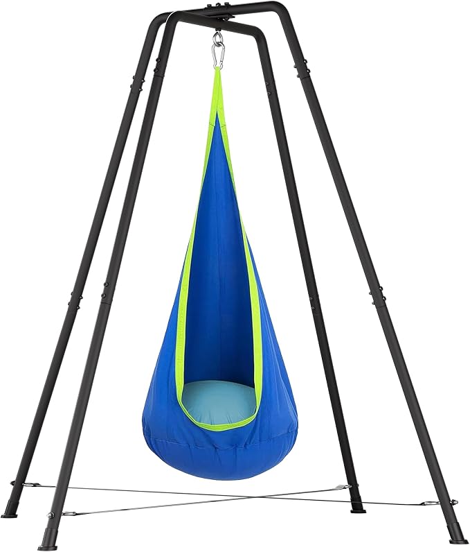 Hammock with Stand for Outside,X-Shaped Anti-Tip Base,Sensory Pod Nest for Kids,Heavy-Duty Steel Frame, Stable Secure 330LBS Support,Indoor Outdoor Cozy Chair,Adults Relax,Bedroom Patio Garden,Blue