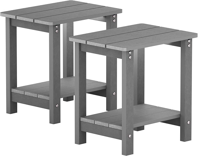 MXIMU Outdoor Side Table Set of 2: Heavy-Duty Sturdy Warp Resistant Adirondack Table - Wood Grain Finish Outdoor End Tables - Easy Assembly & Low Maintenance Patio Side Table Grey
