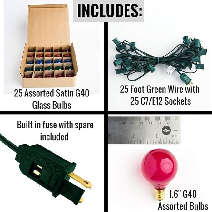 G40 Assorted Satin Pearl Colored String Lights (25 Foot – Green Wire) | G40 Assorted 1.6" Bulbs, Outdoor Globe Patio String Lights