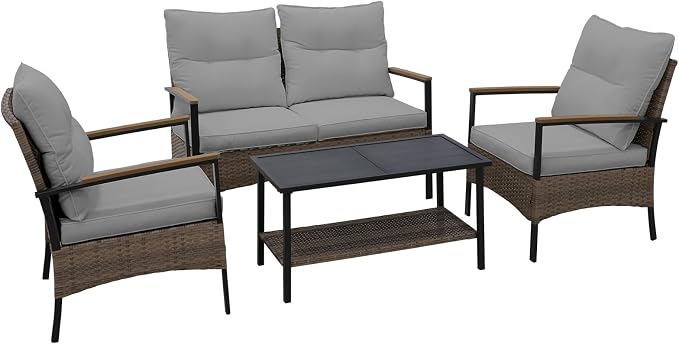 EAGLE PEAK 4 Piece Mojave Dusk Outdoor Conversation Set, Patio Wicker Furniture, Loveseat, 2 Patio Chairs and Coffee Table, Brown/Gray