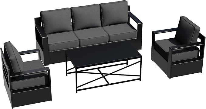 Outdoor Aluminum Furniture Set, 4-Piece Patio Conversation Set, 2 Chairs, 1 Sofa and 1 Table, All-Weather Metal Frame, 6" Thick Removable Cushions, Deep Setting for Garden, Poolside and Porch