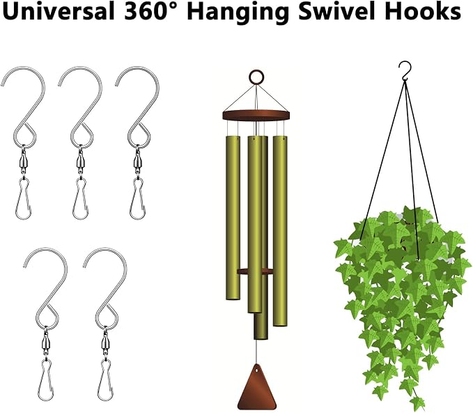 6 Pack 360 Swivel Hooks with 12.9in Extended Chain for Wind Spinner | Heavy Duty Rotating Hooks for Wind Chimes Windsock Crystal Twisters, Outdoor Metal Hanging Parts