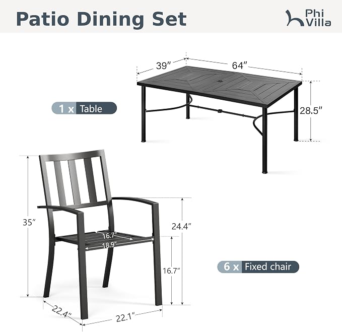 PHI VILLA 7 Piece Patio Dining Set, 64" Steel Table | Outdoor Dining Set for 6 for Patio, Deck, Yard, Garden