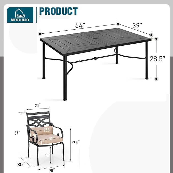 MFSTUDIO 7-Piece Patio Dining Set, 64" Metal Table, Fixed Chairs | Umbrella Hole, All-Weather Use