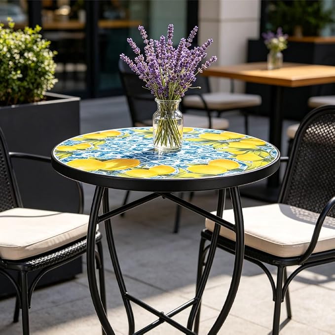 14 Inch Mosaic Patio Side Table with X-Curved Legs, Indoor Outdoor Accent Round End Table with Ceramic Tile Tops for Yard, Garden, Living Room, Bistro, C - Lemon & Blue Tile