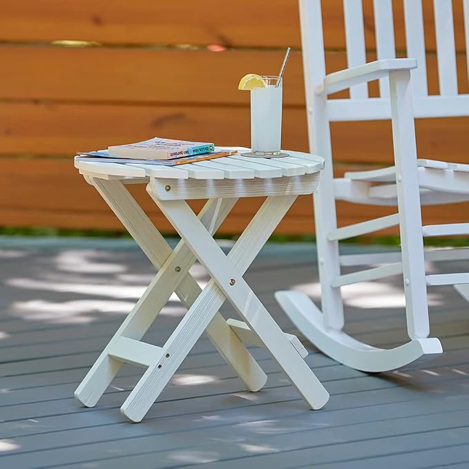 Shine Company Round Wooden Folding Solid Wood Side Table, Outdoor Adirondack Small Patio Table, Eggshell White