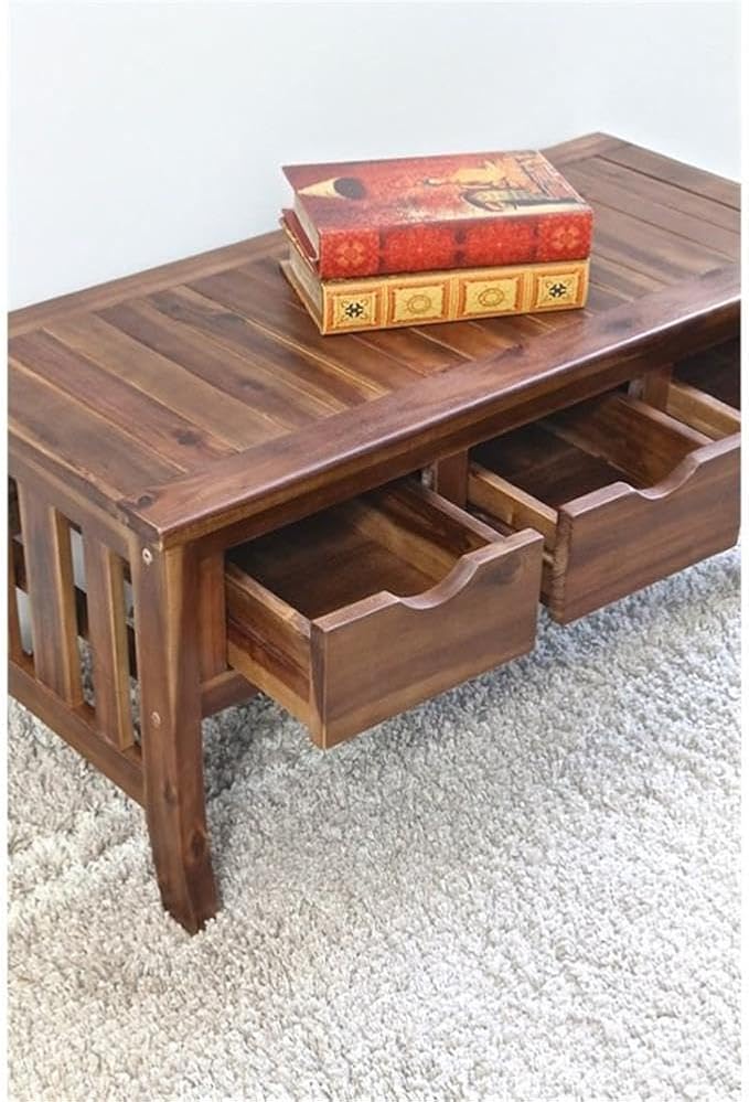 Pemberly Row 38" x 17" Modern Acacia Wood Patio Coffee Table with 3 Drawers, for Indoor/Outdoor Use, in Brown Finish