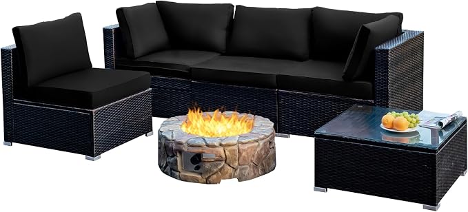 COSTWAY 5-Piece Outdoor Patio Furniture Set, PE Rattan Sofa Chairs with Cushions and Tempered Glass Coffee Table, Conversation Sofa Set for Backyard Garden (Black)