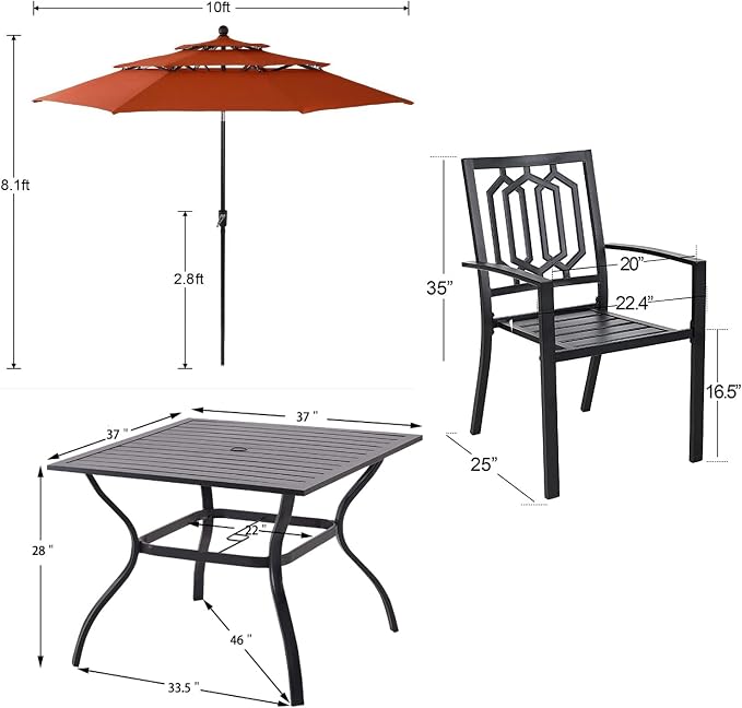 PHI VILLA 5 Pcs Patio Dining Set with Umbrella(Orange Red) | 1 Square Metal Table& 4 Metal Outdoor Stackable Chairs and 1 10ft 3 Tier Auto-tilt Umbrella for Patio, Deck, Yard, Porch