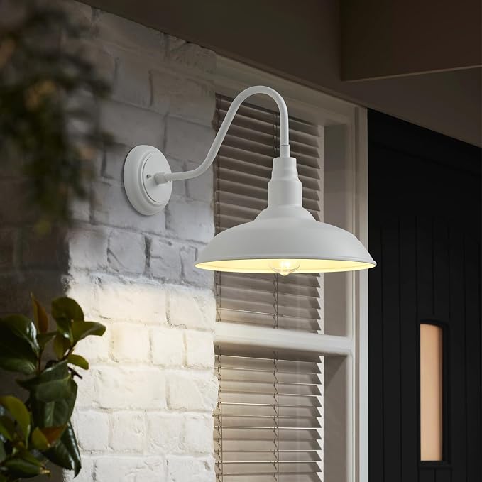 10 Inch Dome Outdoor Gooseneck Barn Lights for Porch, Farmhouse Exterior Light Fixture with Wall Mount, Matte White Outside Patio Wall Sconce for Front Door, Garage, Entryway, Home
