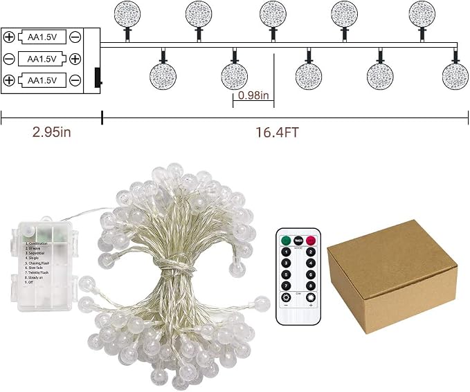 Metaku Cool White Globe String Lights Fairy Light 16ft 50LED & Remote | Battery Operated Indoor Outdoor Hanging String Lights Christmas Lights for Home Party Patio Garden Classroom Wedding
