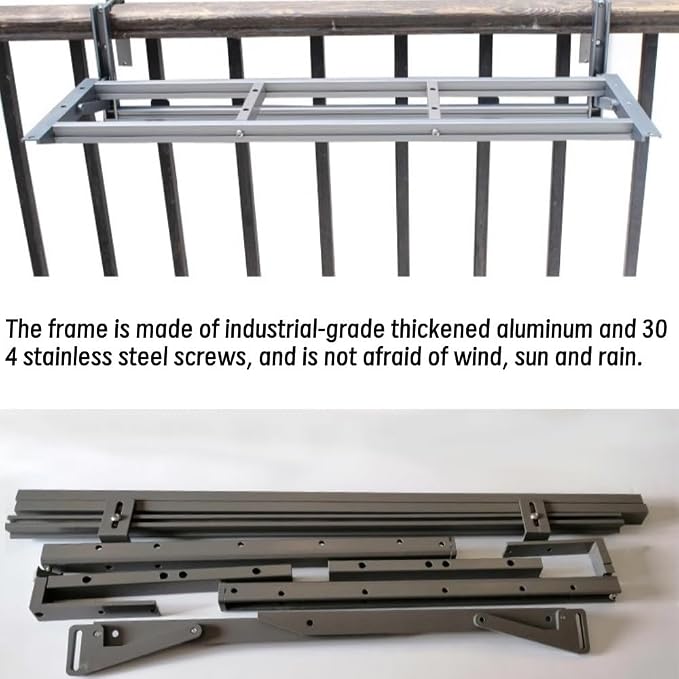 Balcony Railing Table, Heavy-Duty Adjustable Outdoor Tray with Quick Clamp – No Drill Industrial Metal Desk for Railings, Weatherproof Foldable Bar Table for Patio, Deck, Plants & Drinks(39.4''L)