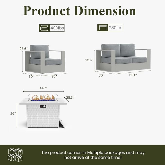 LayinSun Oversized Aluminum Outdoor Furniture Set, 4 Piece Patio Sofa Sets with Fire Pit Table, Deep Seating and Upgraded 6-inch Cushions for Porch, Balcony, Deck