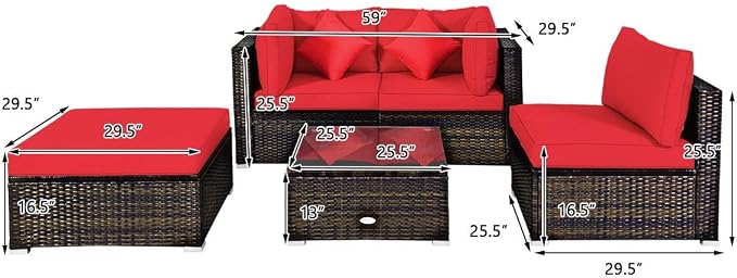 HAPPYGRILL 5 Pieces Patio Conversation Set, Outdoor Rattan Wicker Furniture Set, Sectional Sofa Ottoman Set with Coffee Table, Cushion, Pillow for Garden Lawn Balcony Backyard