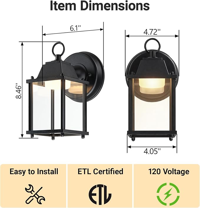 Outdoor Wall Light Fixture, Rustproof Aluminum, Clear Glass, LED | Exterior Porch Light Wall Sconce Lantern for House, Patio, Garage, Waterproof Anti-rust, 9.5W 800 Lumen, 3000K, Black, 1 Pack