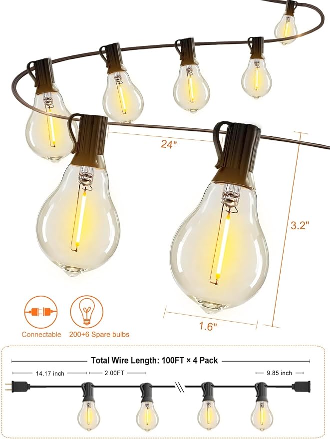 Outdoor String Lights 400FT Waterproof Patio Lights for Porch Backyard Yard | 2FT Bulbs Apart, 4x100FT Connectable Outside Lighting with 208 Shatterproof Dimmable Edison Bulbs for Garden Balcony Party