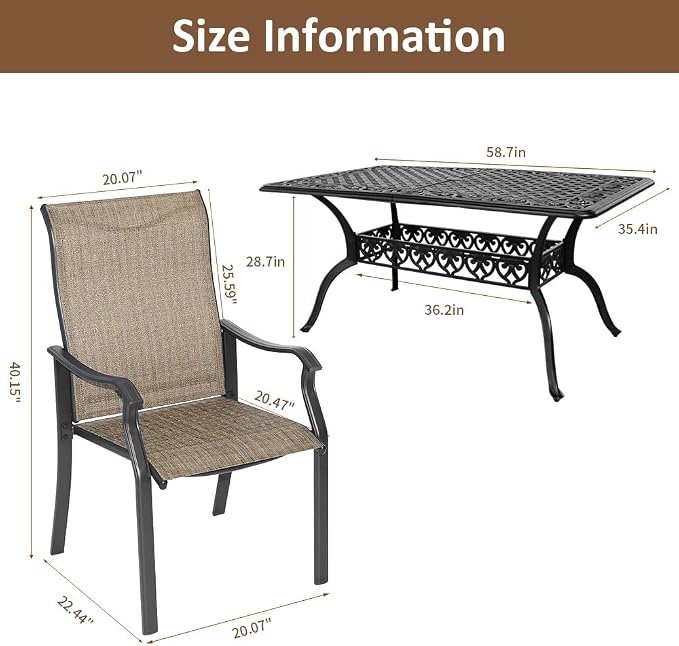 Patio Dining Set, Outdoor Furniture Set Include, 59" Cast Aluminum Table, 4 Textilene Chairs, Patio Table with 2.56" Umbrella Hole