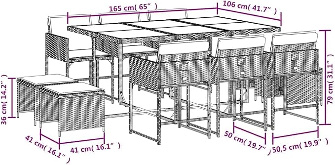 11 Piece Patio Dining Set with Cushions, Black and Cream White High Back Chairs, Outdoor Garden Table Set for 10 People, PE Rattan and Tempered Glass