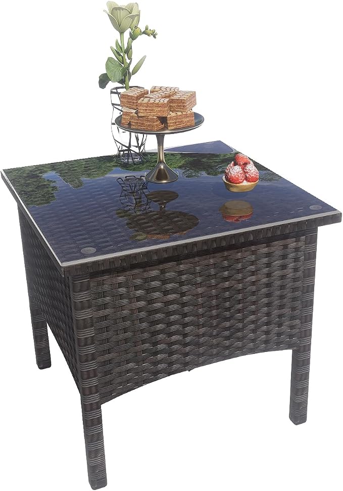 Wicker Rattan Side Table,Outdoor Patio Wicker Table,Modern Patio End Side Table with Glass Countertop and Storage Space,for Garden Balcony Porch