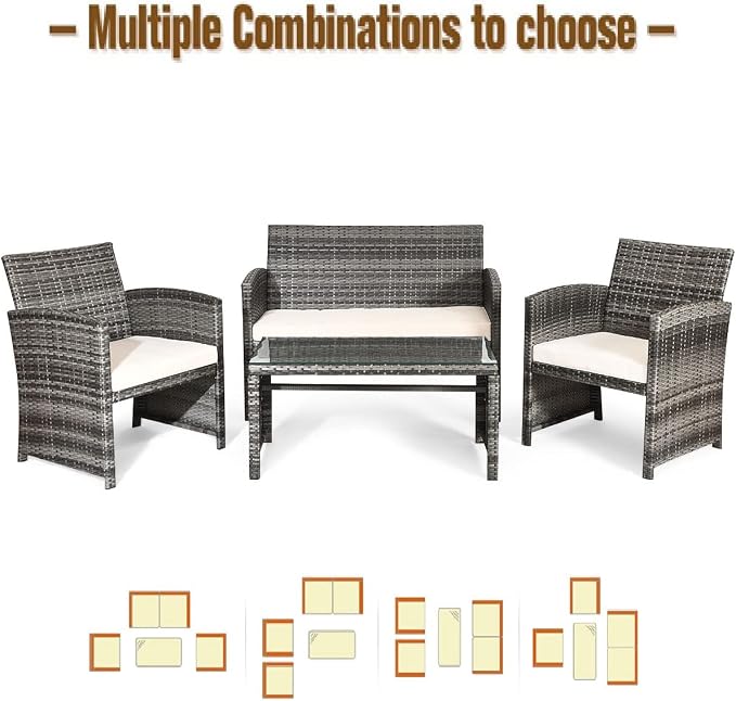 MAT EXPERT 4-Piece Wicker Sofa Chair and Table Set, Patio Rattan Conversation Set w/Removable Cushions, Outdoor Sofa Furniture w/Tempered Glass Coffee Table for Garden/Lawn/Pool/Backyard