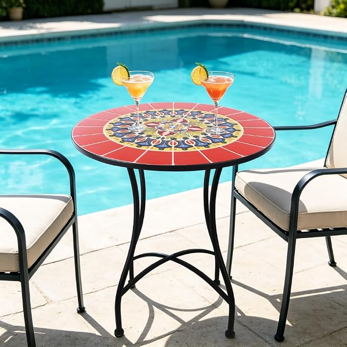24 Inch Mosaic Patio Round Side Table with X-Curved Legs Indoor and Outdoor Accent End Table for Yard, Garden, Living Room, Bistro, B - Red Mandala