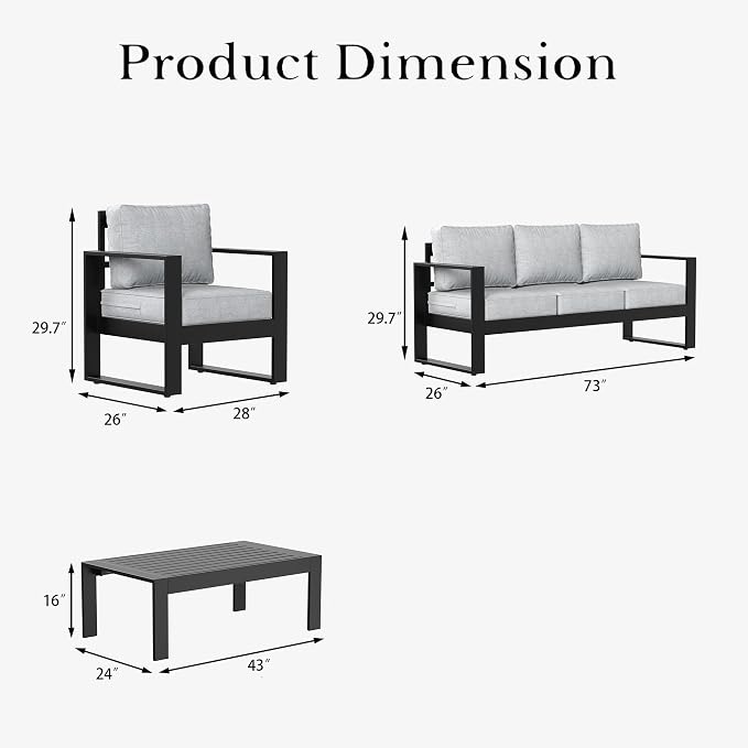 LayinSun 4 Pieces Aluminum Outdoor Patio Furniture Set, Metal Modern Conversation Sofa Set with Coffee Table and Washable Thick Cushions for Porch, Backyard, Deck