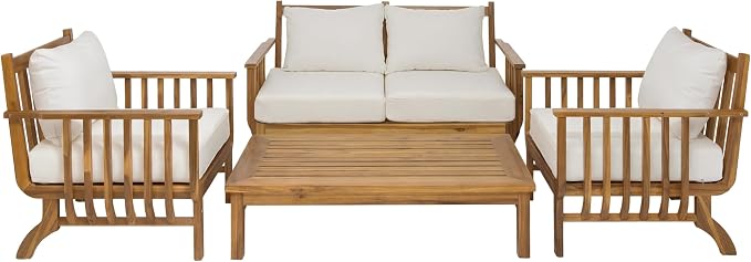 Merax 4-Piece Mid-Century Modern Acacia Wood Patio Seating Set | Outdoor Conversation Set with Loveseat, Club Chairs & Slatted Coffee Table, Weather-Resistant Cushions for Deck Poolside