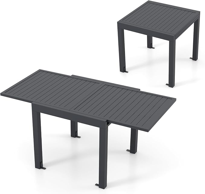 Tangkula 31.5"-63" Extendable Patio Dining Table, Aluminum Outdoor Dining Table for 4-6 People, L-Shaped Brace Included for Fixation, Space-Saving Outside Table for Garden, Porch, Poolside, Dark Grey