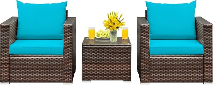 Patio Conversation Set Outdoor, 3-Piece Rattan Wicker Furniture Set with Water-Resistant Cushion & Tempered Glass Tabletop, Patio Furniture Set for Balcony, Porch, Poolside (Turquoise)