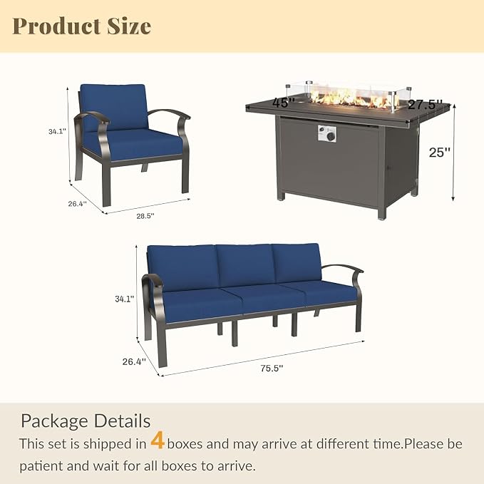 Aluminum Patio Furniture Set with 55,000 BTU Propane Fire Pit Table,5 Seats Metal Modern Outdoor Furniture w/5.1" Cushions,Patio Sectional for Backyard,Patio,Navy Blue
