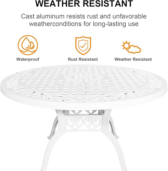 48 Inch Outdoor Dining Table Round Patio Bistro Table Powder-Coated Cast Aluminum Frame Patio Dining Table Garden Table with Umbrella Hole (White)