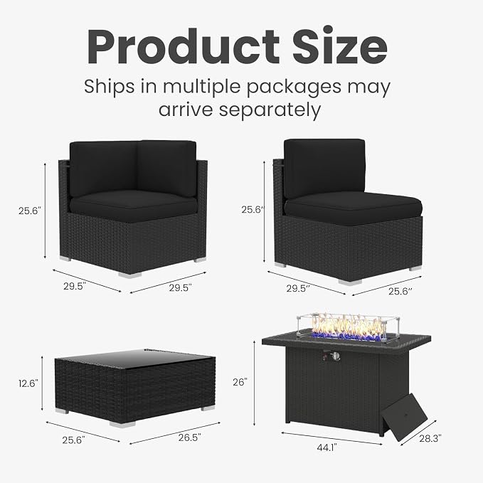 8 Pieces Patio Furniture Set with 44" Propane Gas Fire Pit Table, Outdoor Sectional Wicker Conversation Sofa Sets with Coffee Table