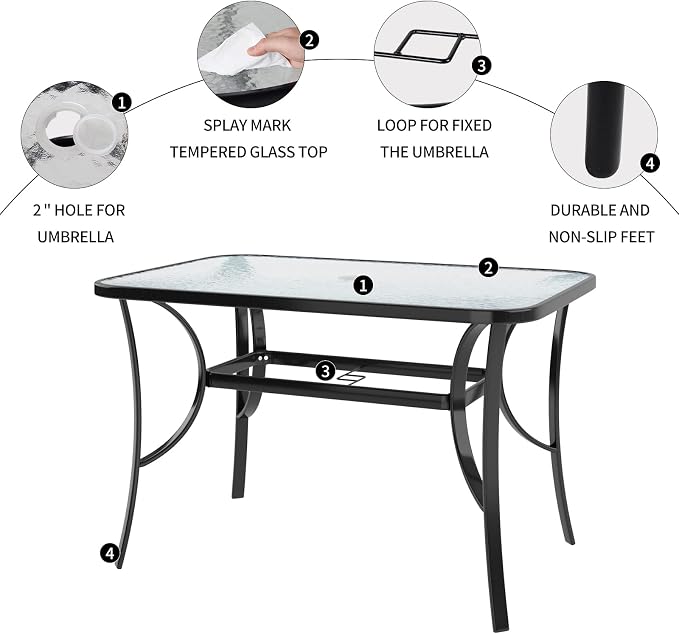SogesHome 47 Inch Rectangle Tempered Glass Patio Dining Table Patio Table Coffee Table Dining Bistro Table, for Outdoor Garden Balcony Backyard Poolside Lawn, with Umbrella Hole, Black