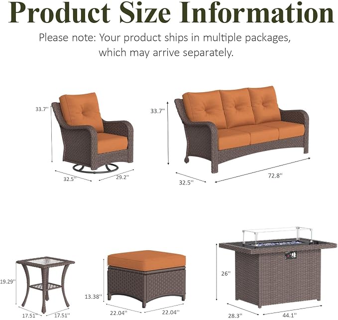 LayinSun 10 Piece Wicker Outdoor Furniture Set with 6-inch Comfy Cushions, High Back Patio Furniture Set with Swivel Rocking Chairs and Fire Pit Table