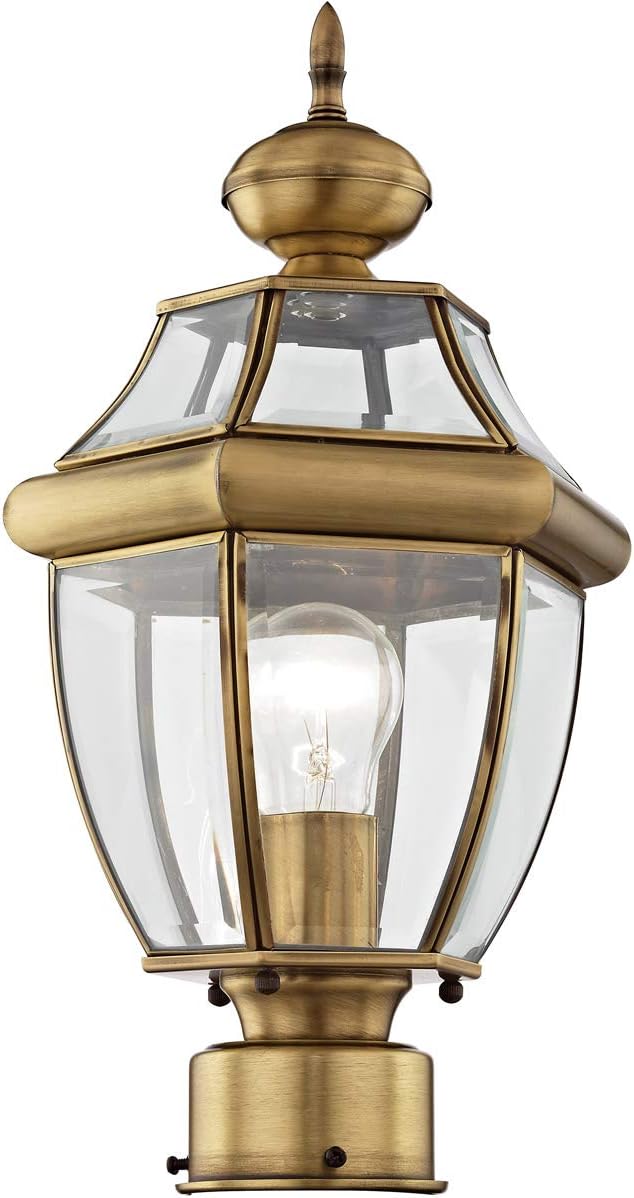 Livex Lighting 2153-01 Post Light Fixture, Antique Brass | Clear Beveled Glass Shades