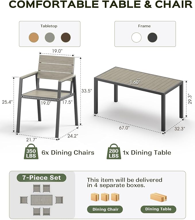 Vexwalx 7-Piece Outdoor Dining Set, Aluminum Dining Table Set for 6, Patio Table and Chairs Set (Gray)