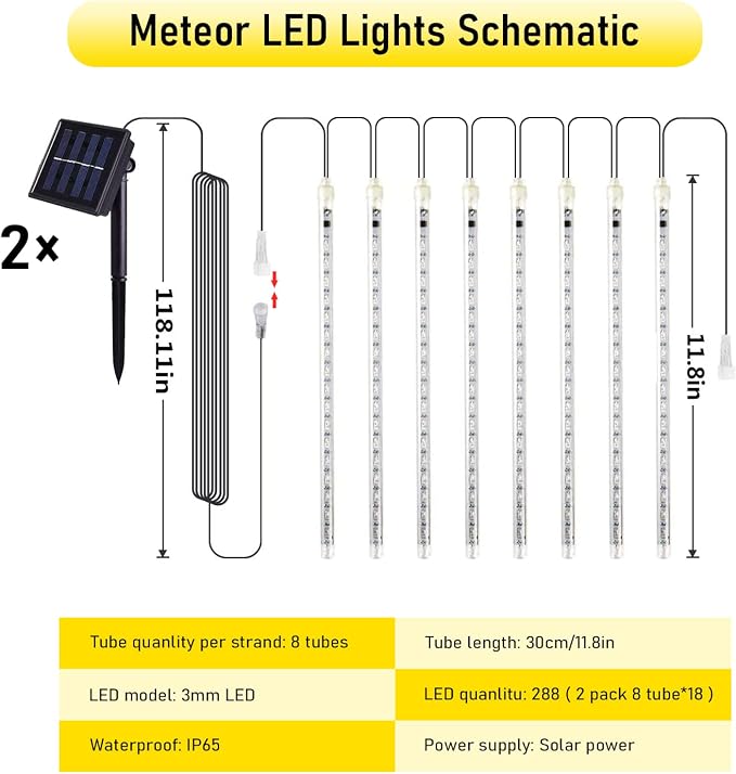 JMEXSUSS 2 Pack Warm White Solar Meteor Shower Lights | 16 Tube 288 LED Meteor Christmas Lights, Solar Christmas Lights Outdoor Waterproof for Tree Christmas Decorations